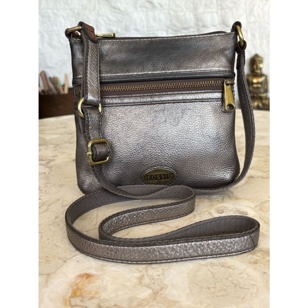 Fossil Leather Crossbody Bag Metallic Bronze Adjustable Strap